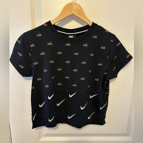 Nike metallic crop tee. Black w gold & white logo swoosh print. - Picture 6 of 7